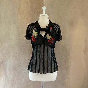 Black Sheer Blouse with Floral Embellishments